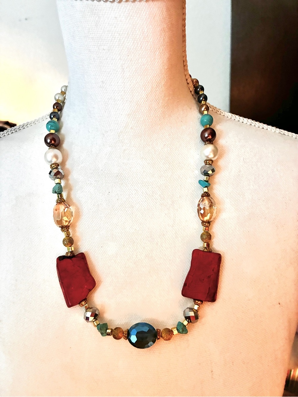 Boho Red & Green Turquoise Beaded Statement Necklace
